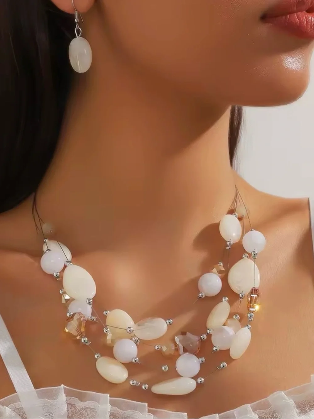 Multi-Strand Blue, Cream & Tan Bead Necklace Set with Matching Earrings